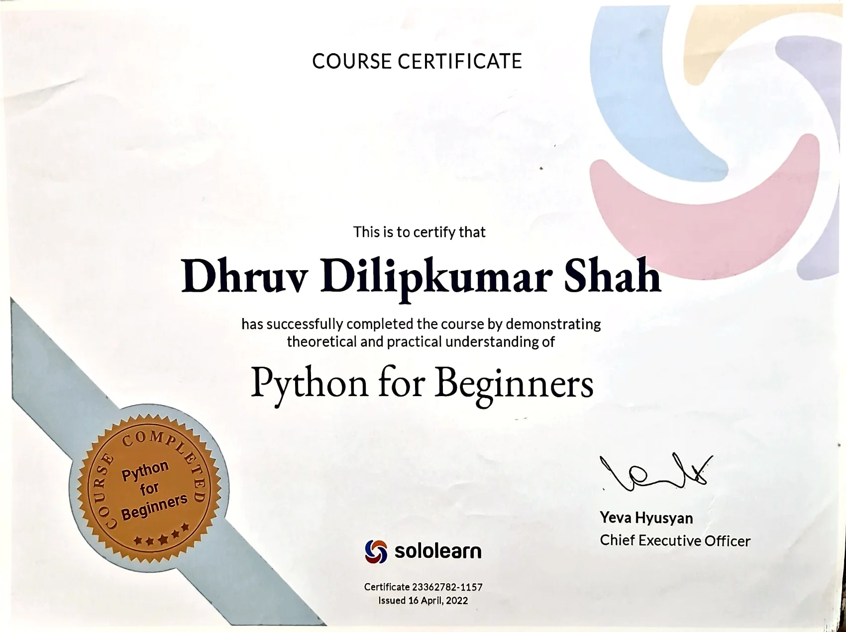 Dhruv Shah - Python Certificate
